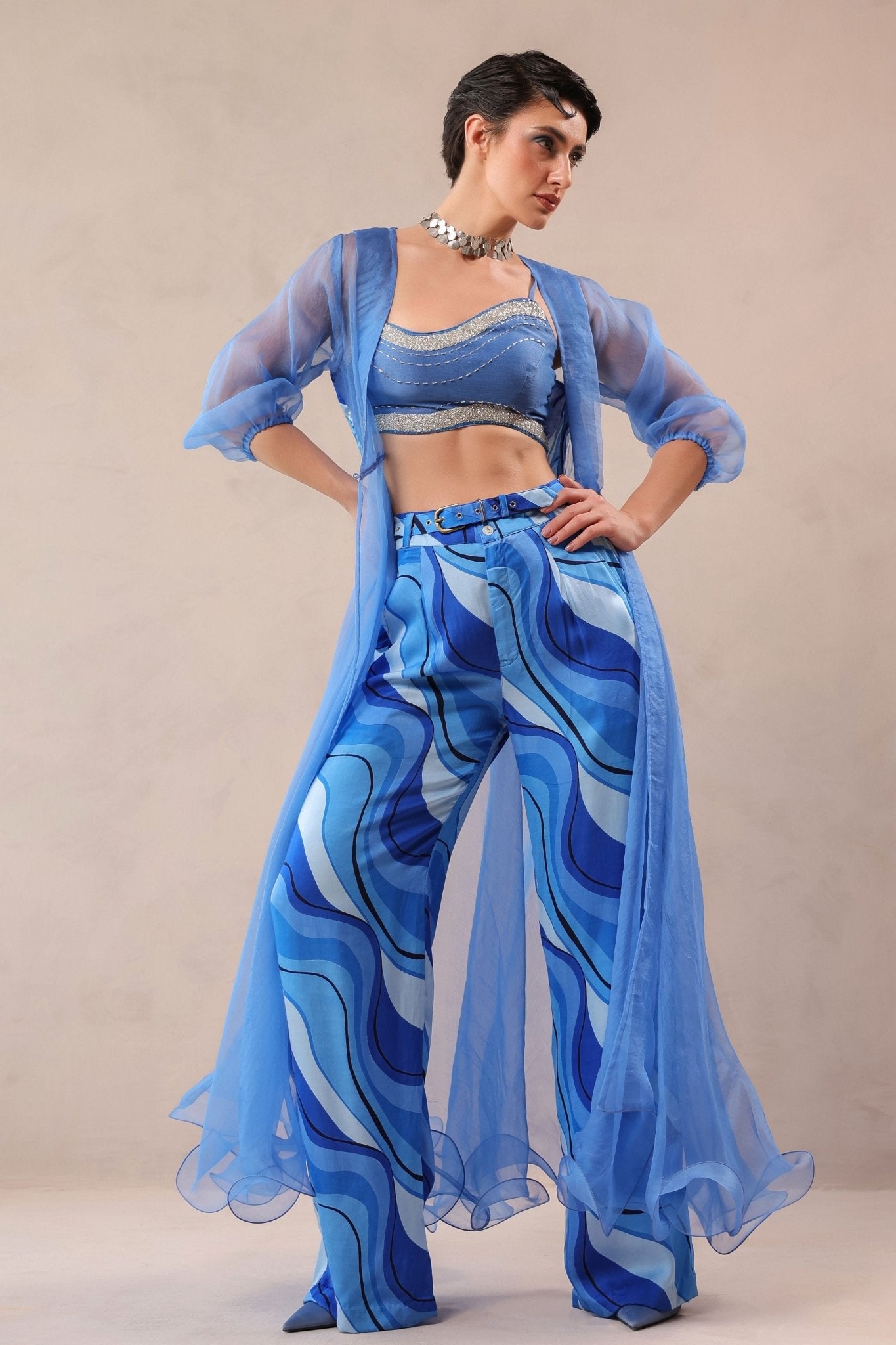 Ocean Blue Sheer Jacket Set - Pallavi Jaipur - Elahe