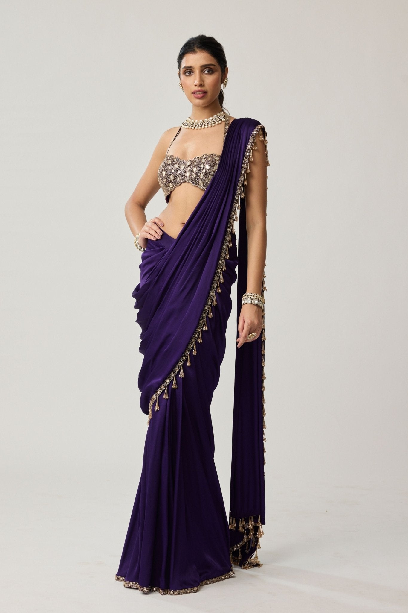 Royalty Purple Draped Saree Set - Vvani by Vani Vats - Elahe