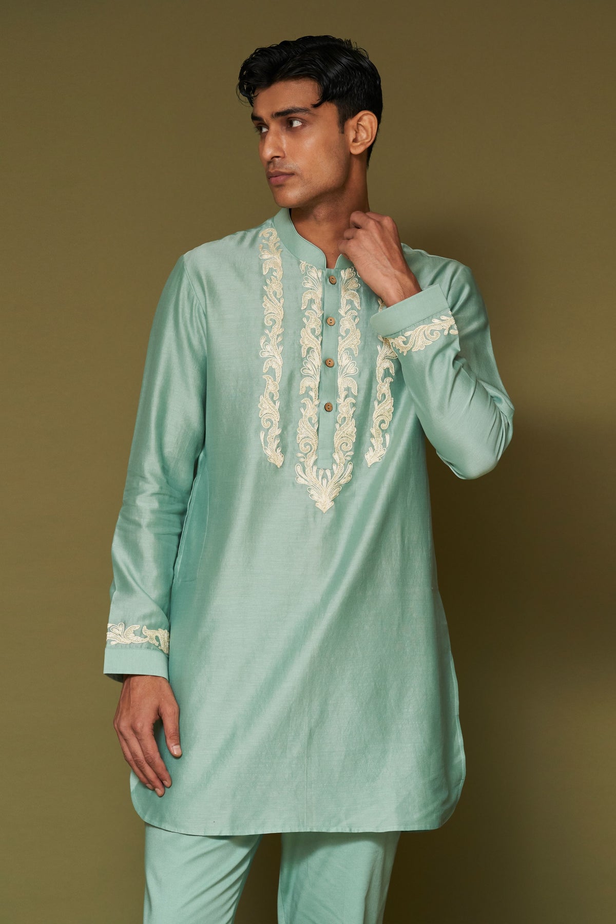 Aqua Embroidered Chanderi Kurta Set