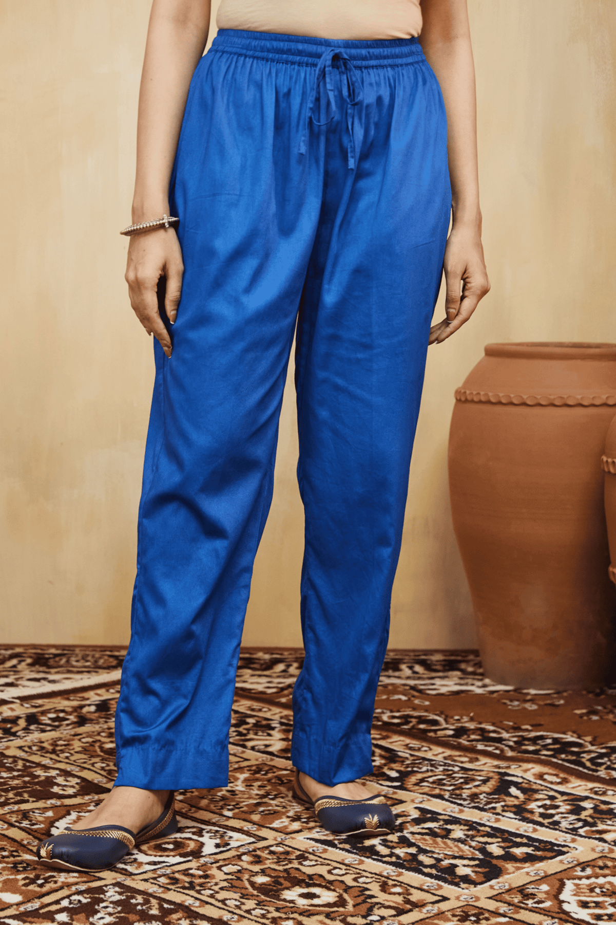 Blue Cotton Silk Elasticated Waist Pant