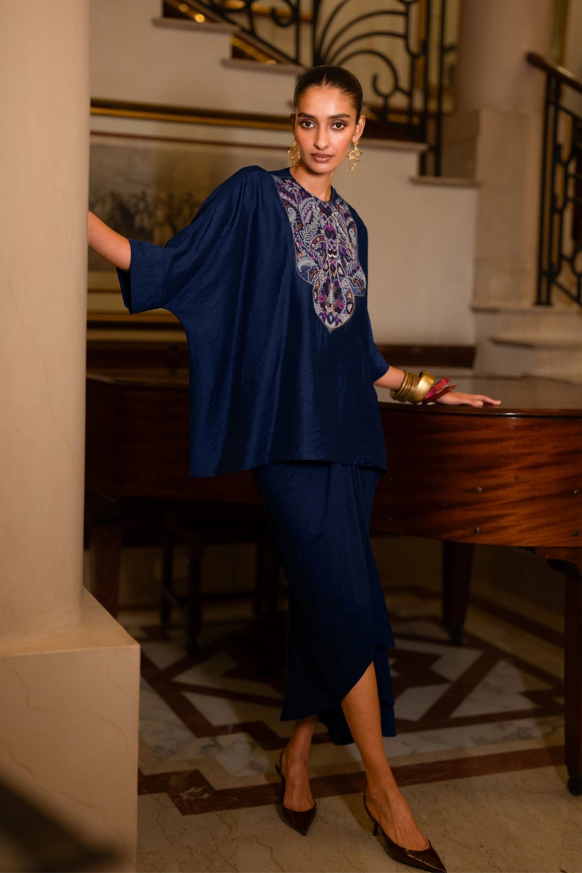Embroidered Boxy Top & Drape Skirt
