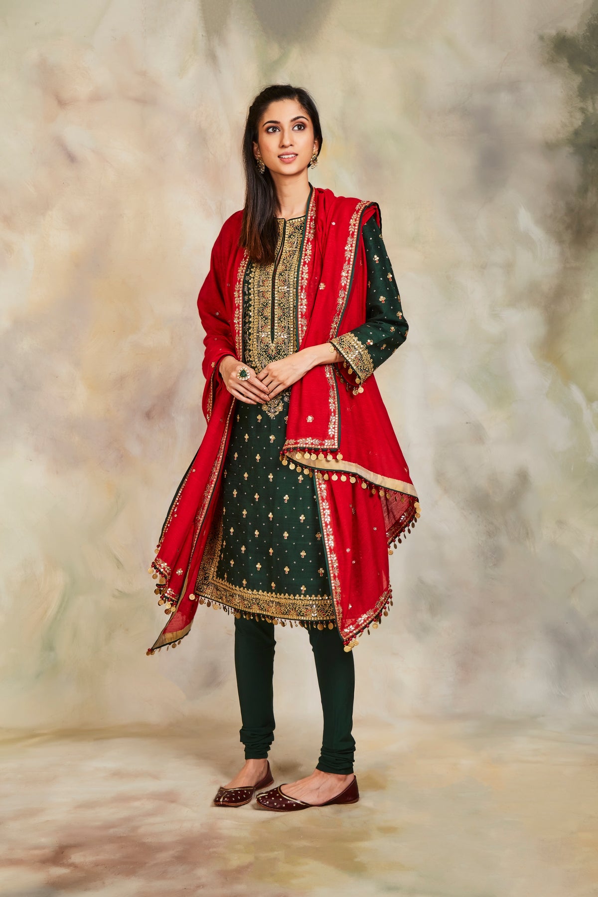 Bottle green zari kurta set