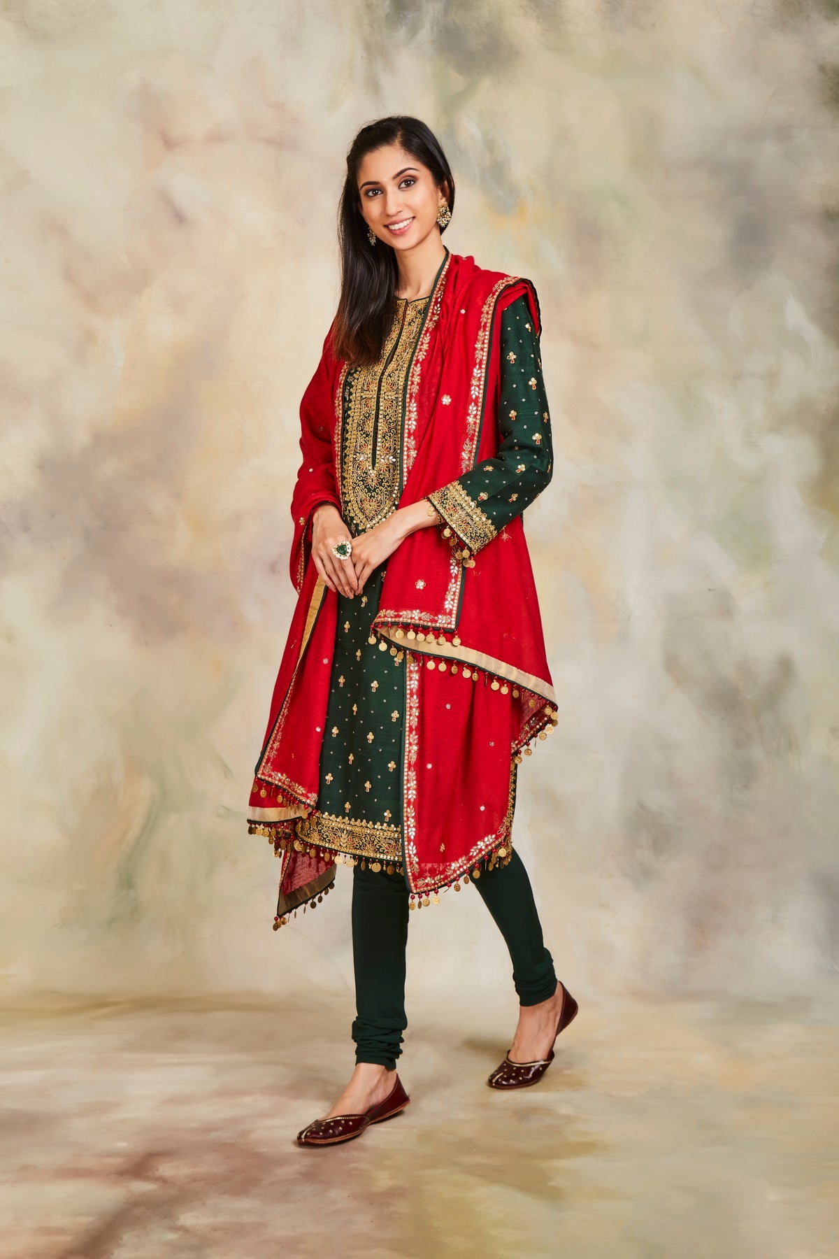 Bottle green zari kurta set