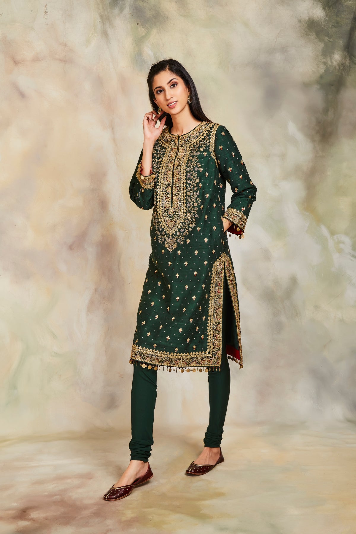 Bottle green zari kurta set