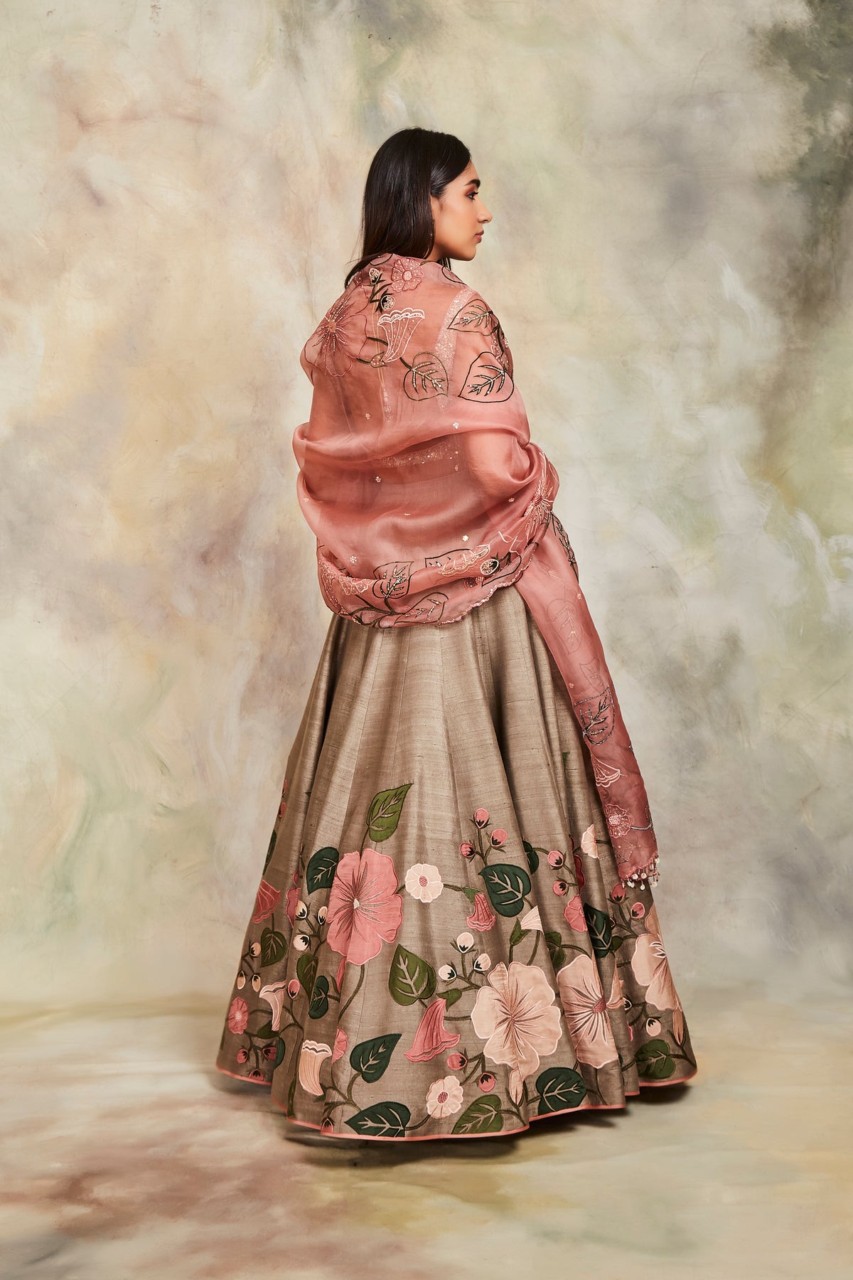 Olive floral butis lehenga set