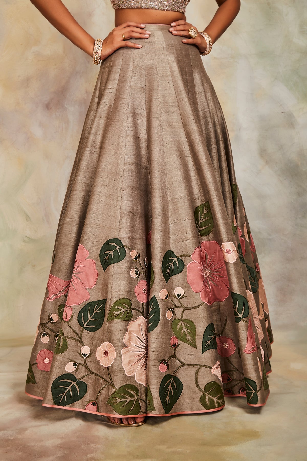 Olive floral butis lehenga set