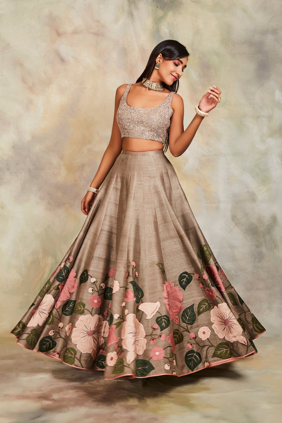 Olive floral butis lehenga set