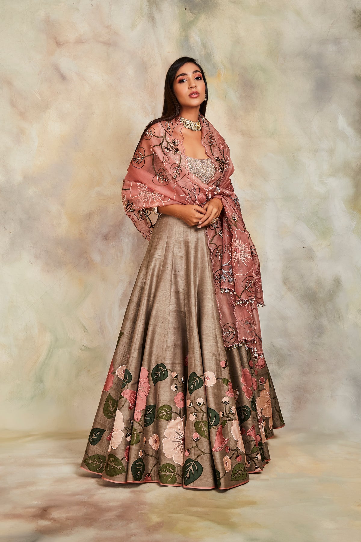 Olive floral butis lehenga set