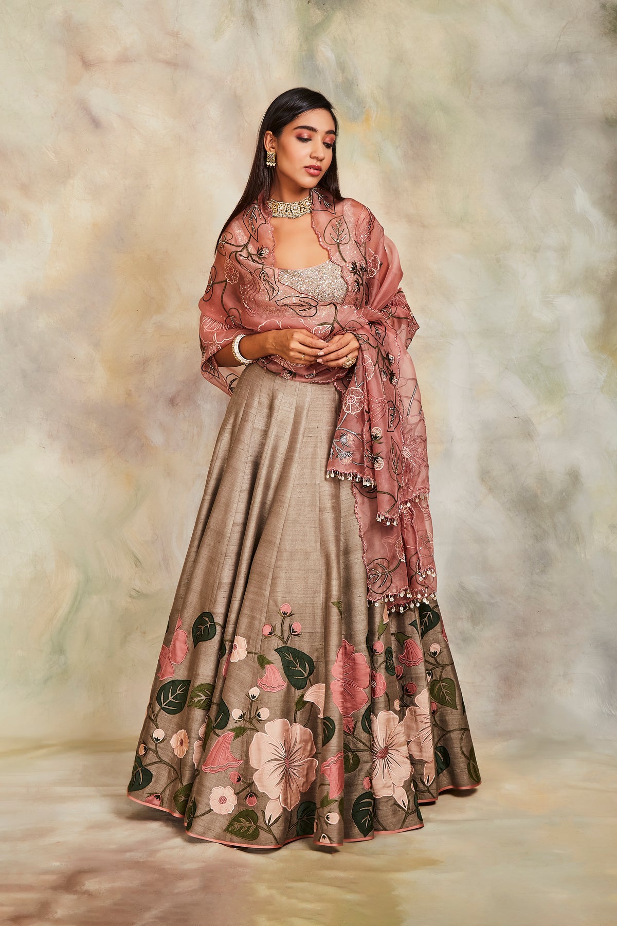 Olive floral butis lehenga set