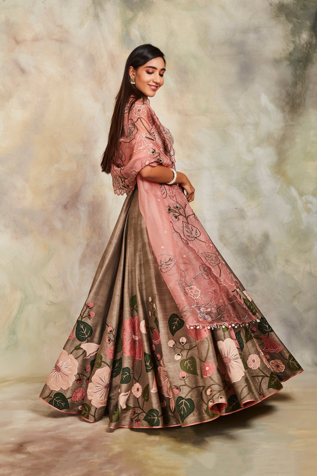 Olive floral butis lehenga set
