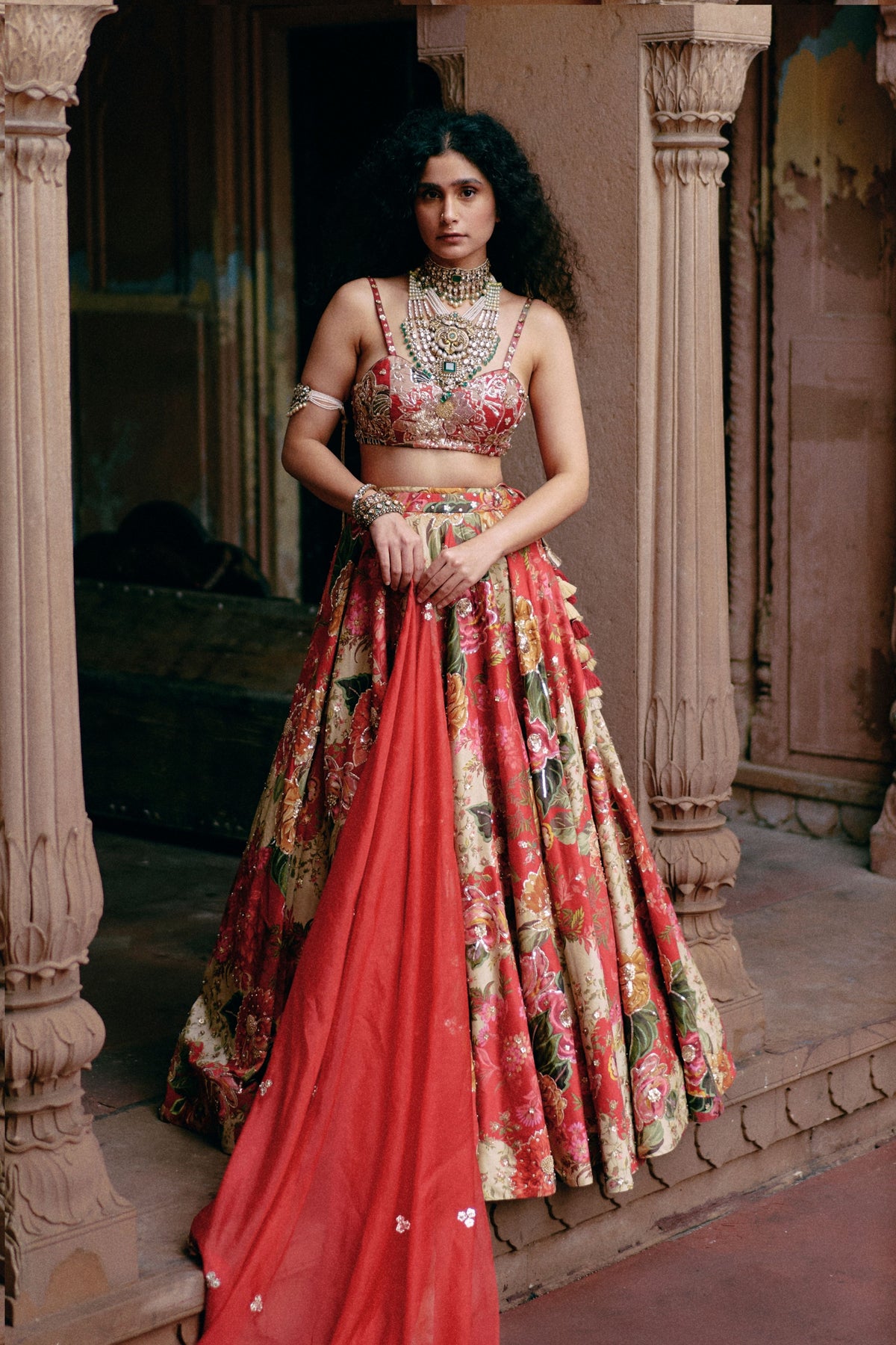Red Map Printed Lehenga Set
