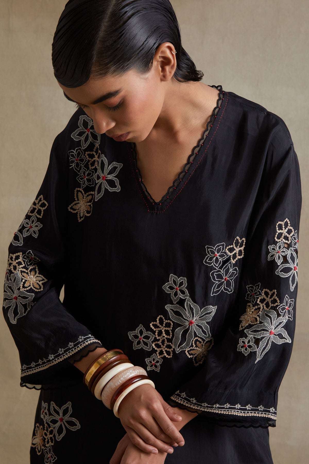 Black Floral Cutwork Tunic Set