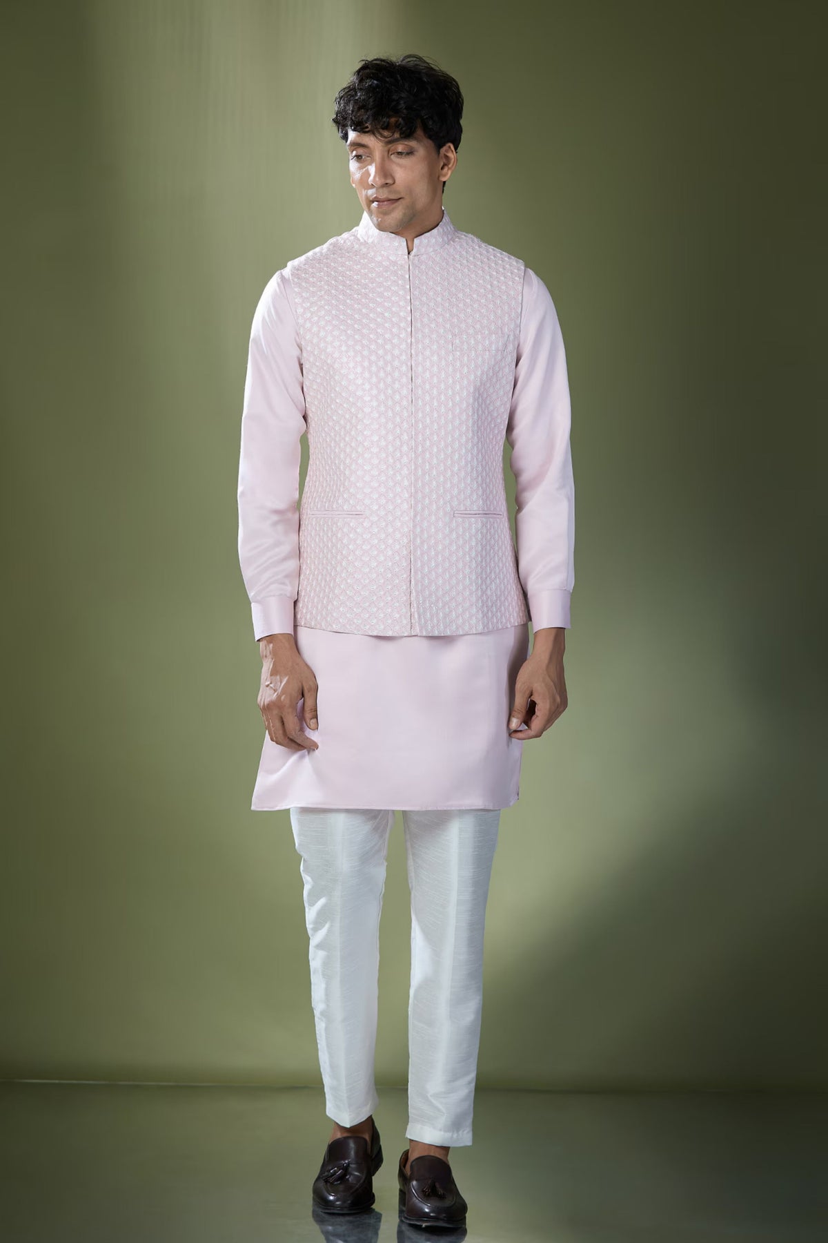 Baby Pink Embroidered Nehru Jacket Set