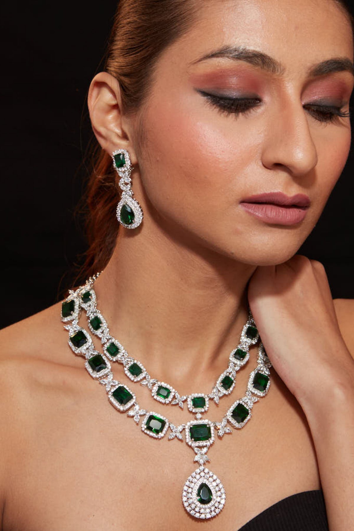Silver Plated Green Emerald Zircon Necklace Set