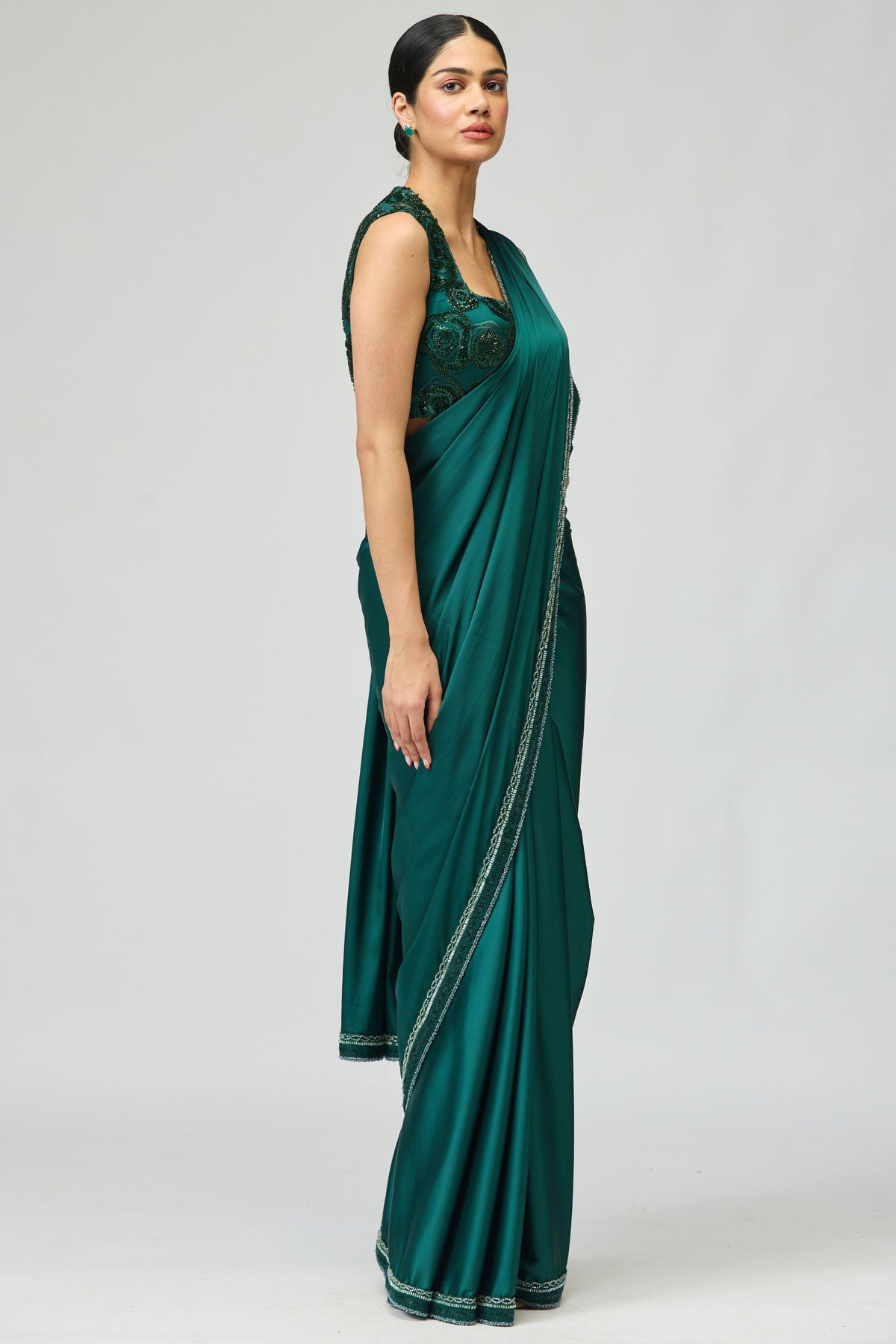 Green Satin Saree Set