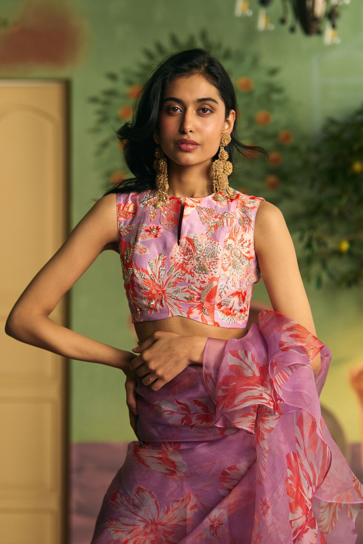 Lavender Ruffle Draped Saree Set