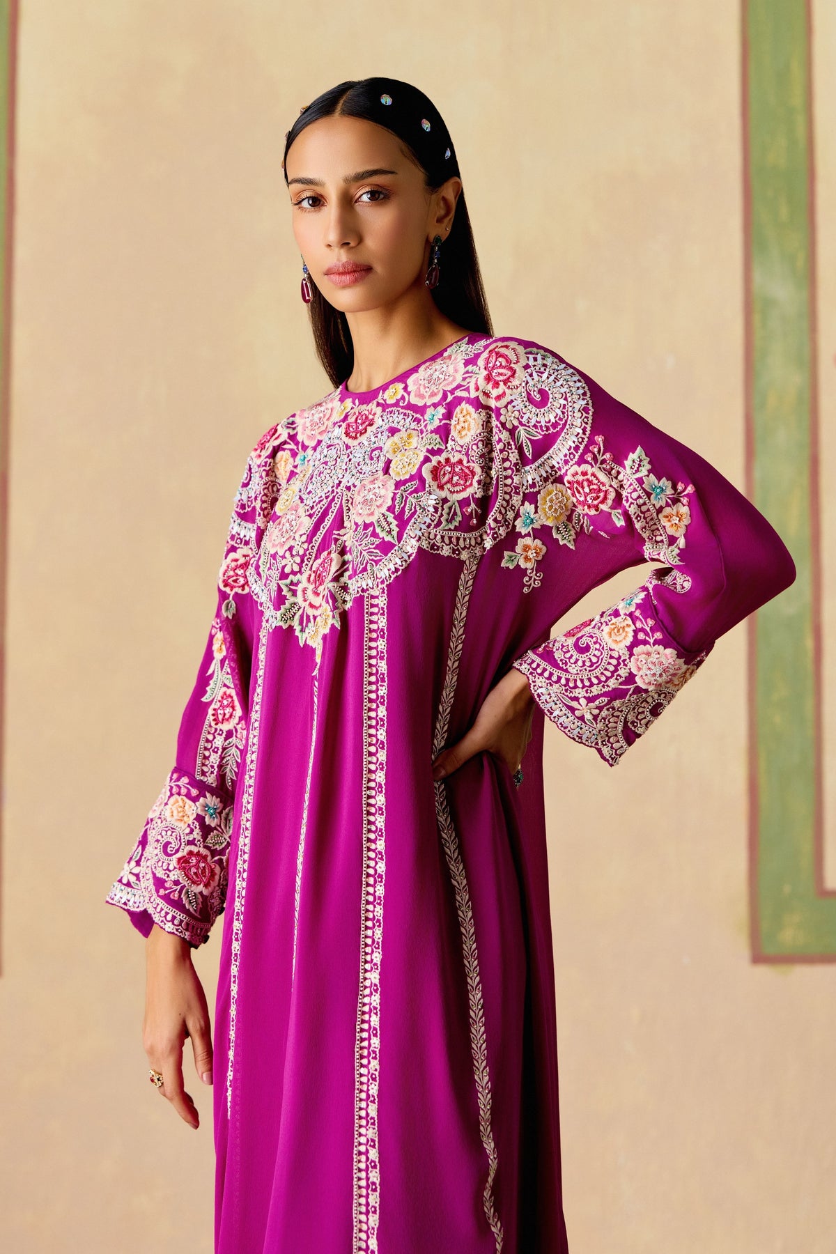 Purple  Embroidered Kimono Set