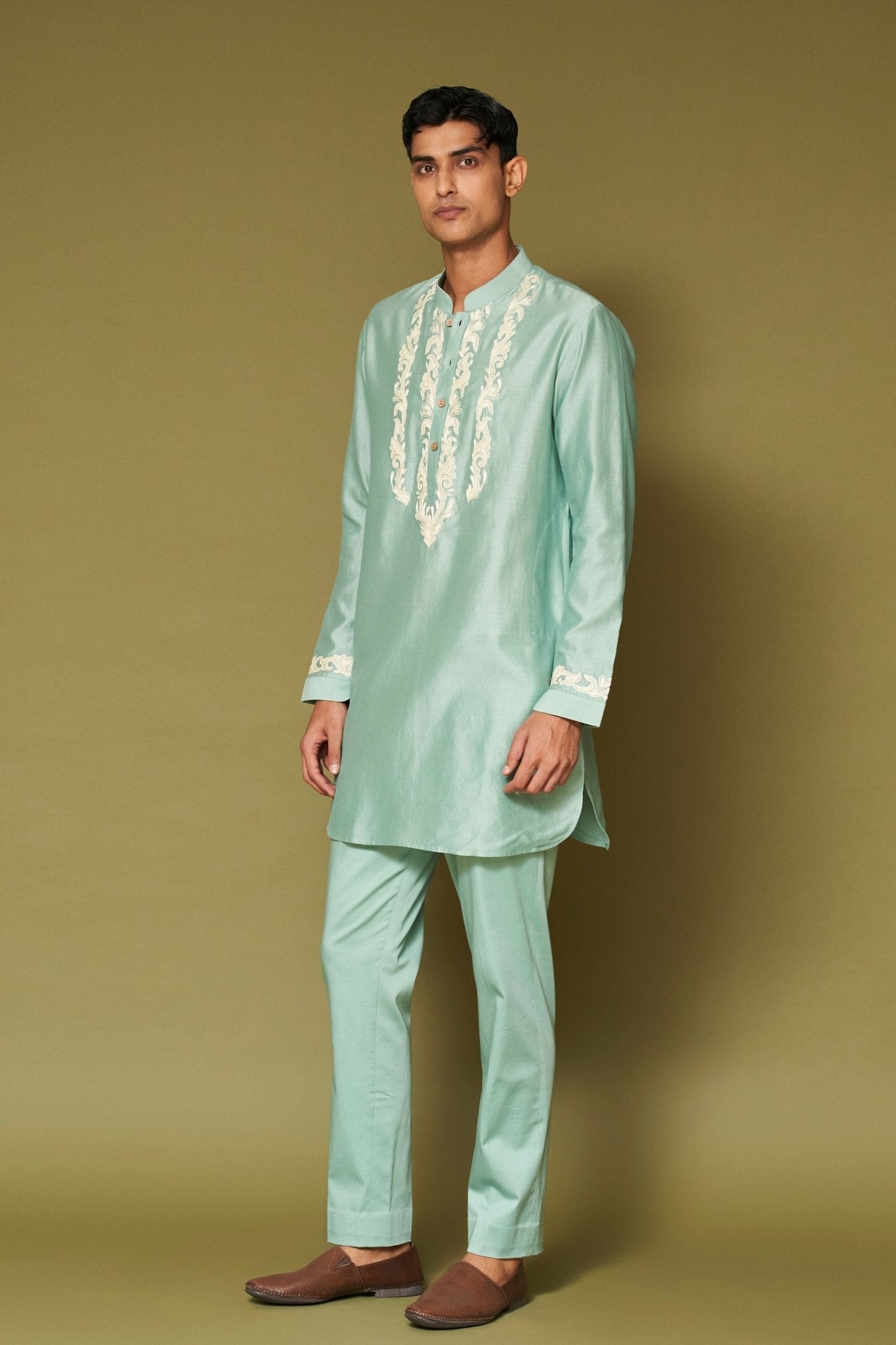 Aqua Embroidered Chanderi Kurta Set - Devnaagri Menswear - Elahe