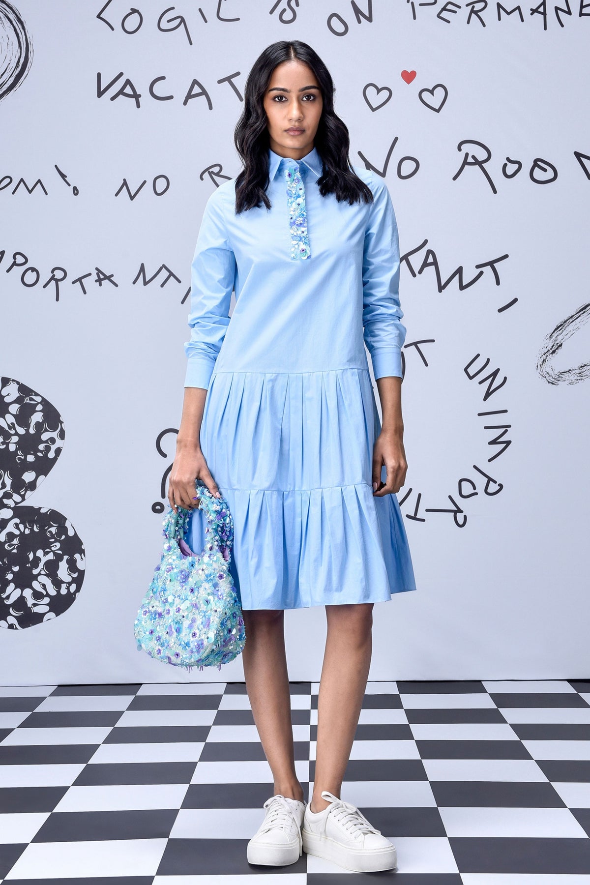 Sequenced Placket Dress Light Blue
