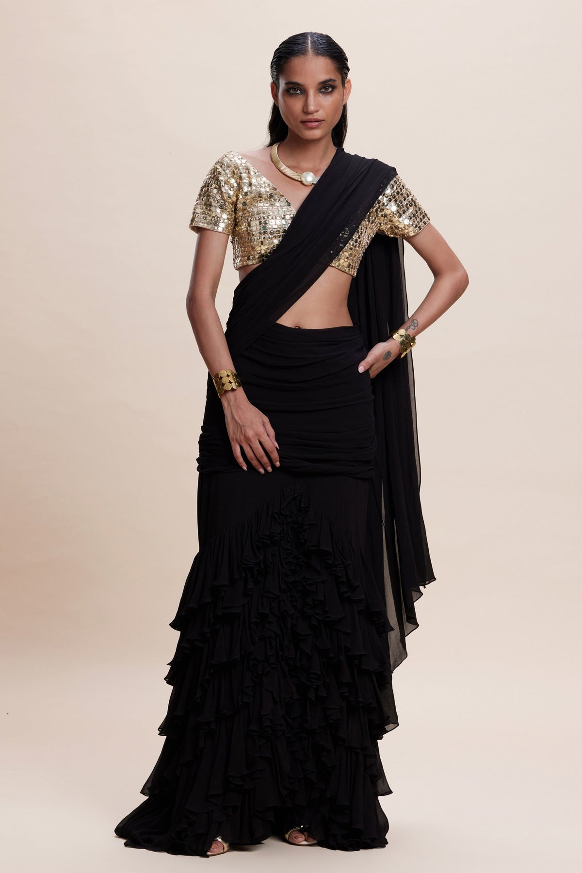 Black Ruffle Draped Saree Set