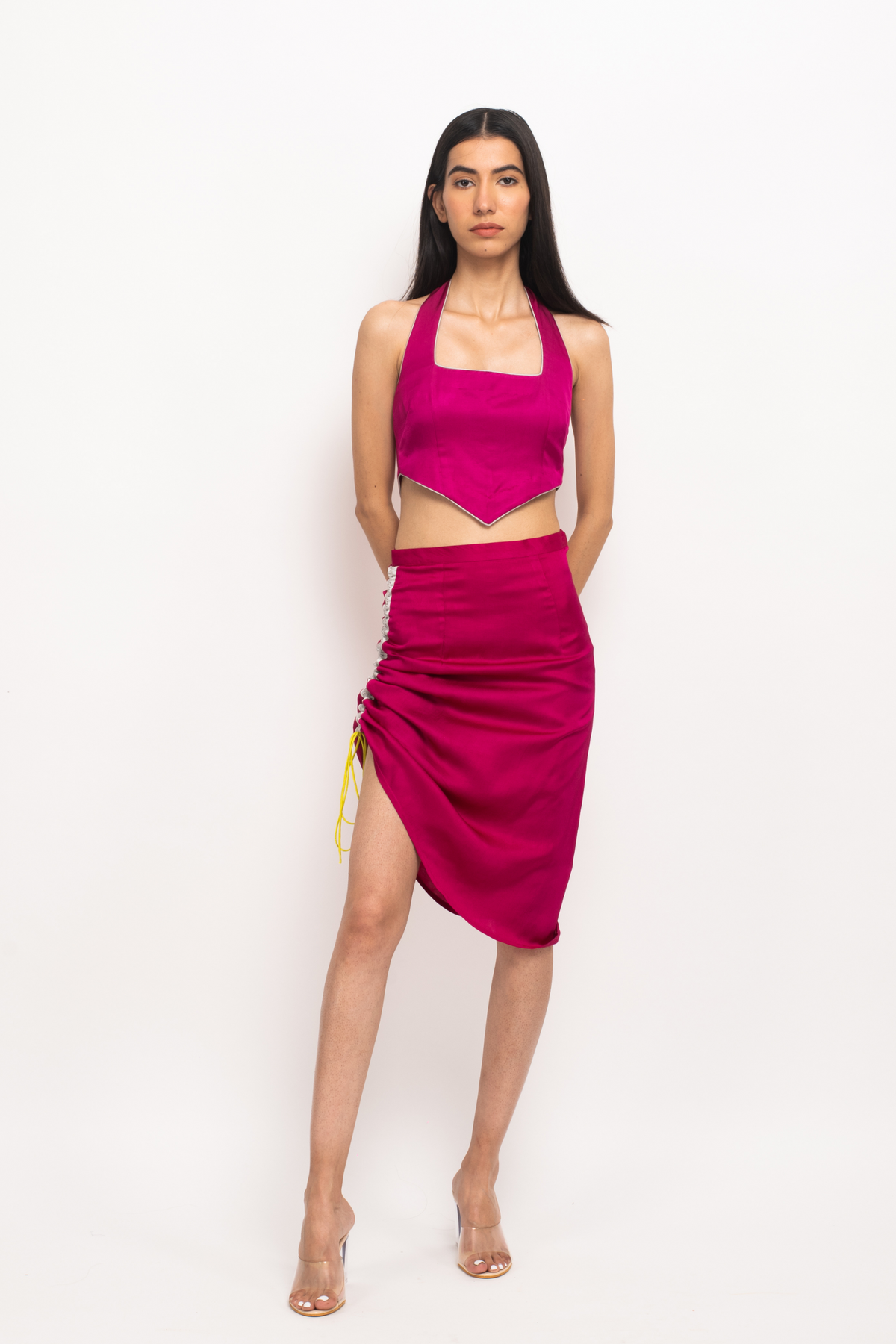 Wine and Grey Halter Neck Skirt Set