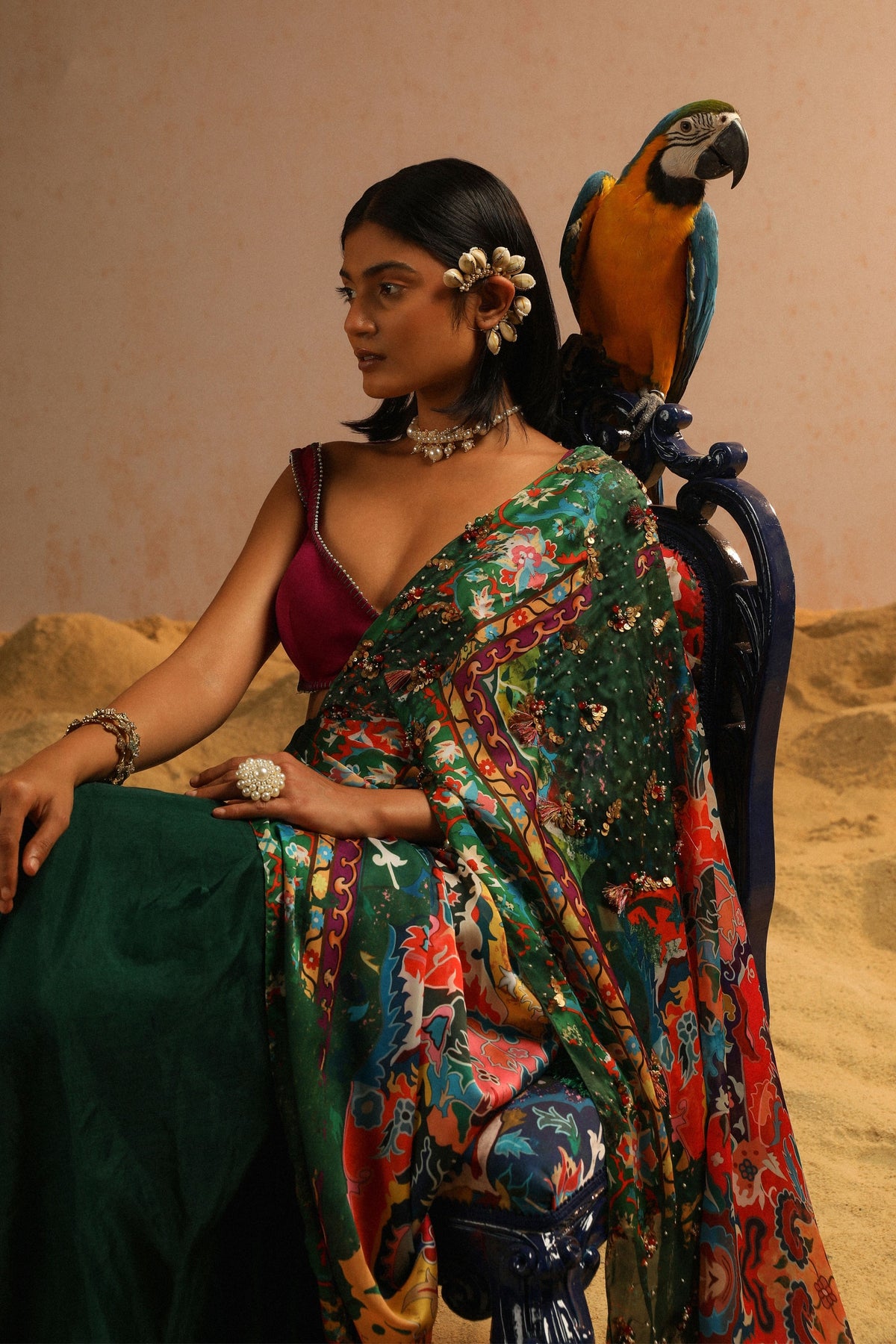 Green Draped Saree With Purple Blouse