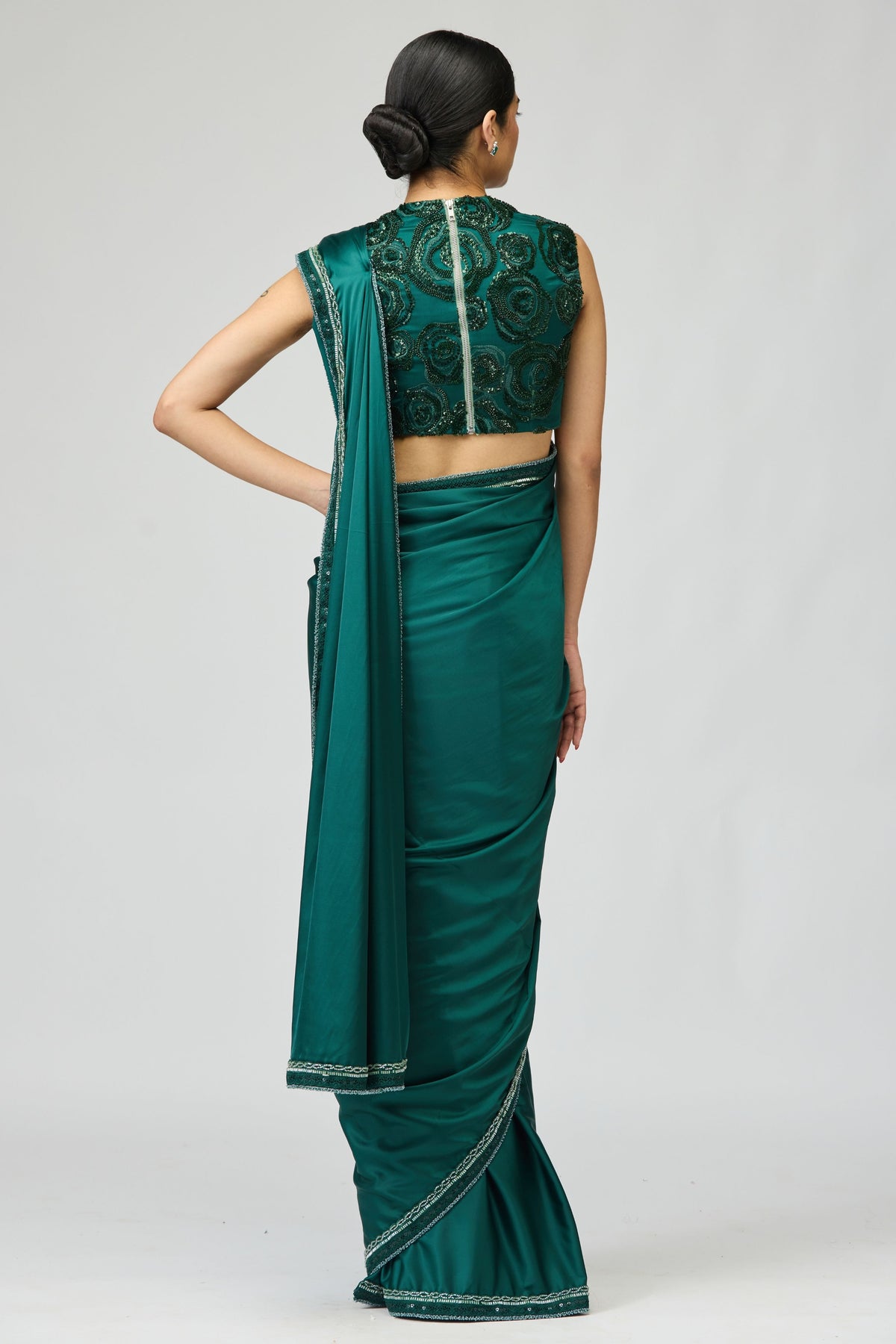 Green Satin Saree Set