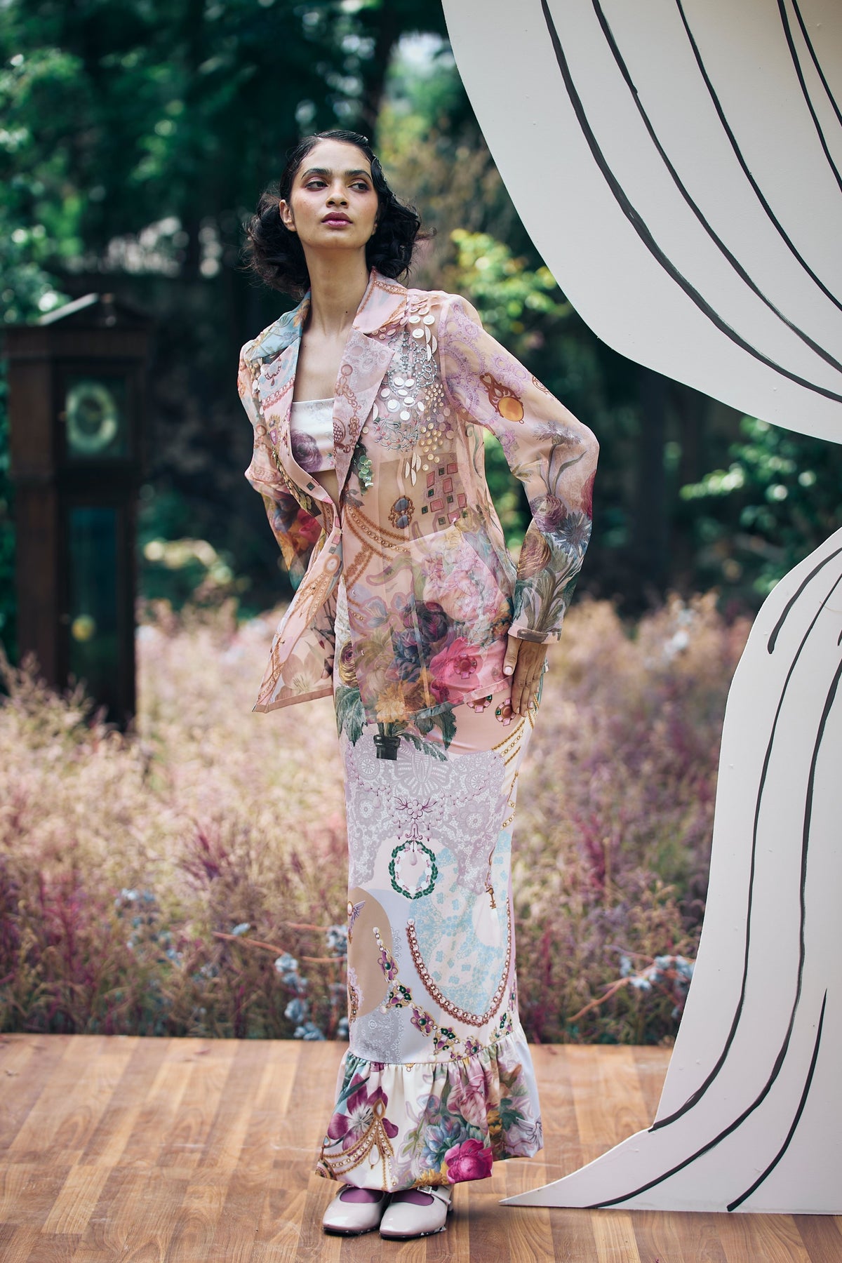 Trove Sheer Blazer and Tiered Skirt