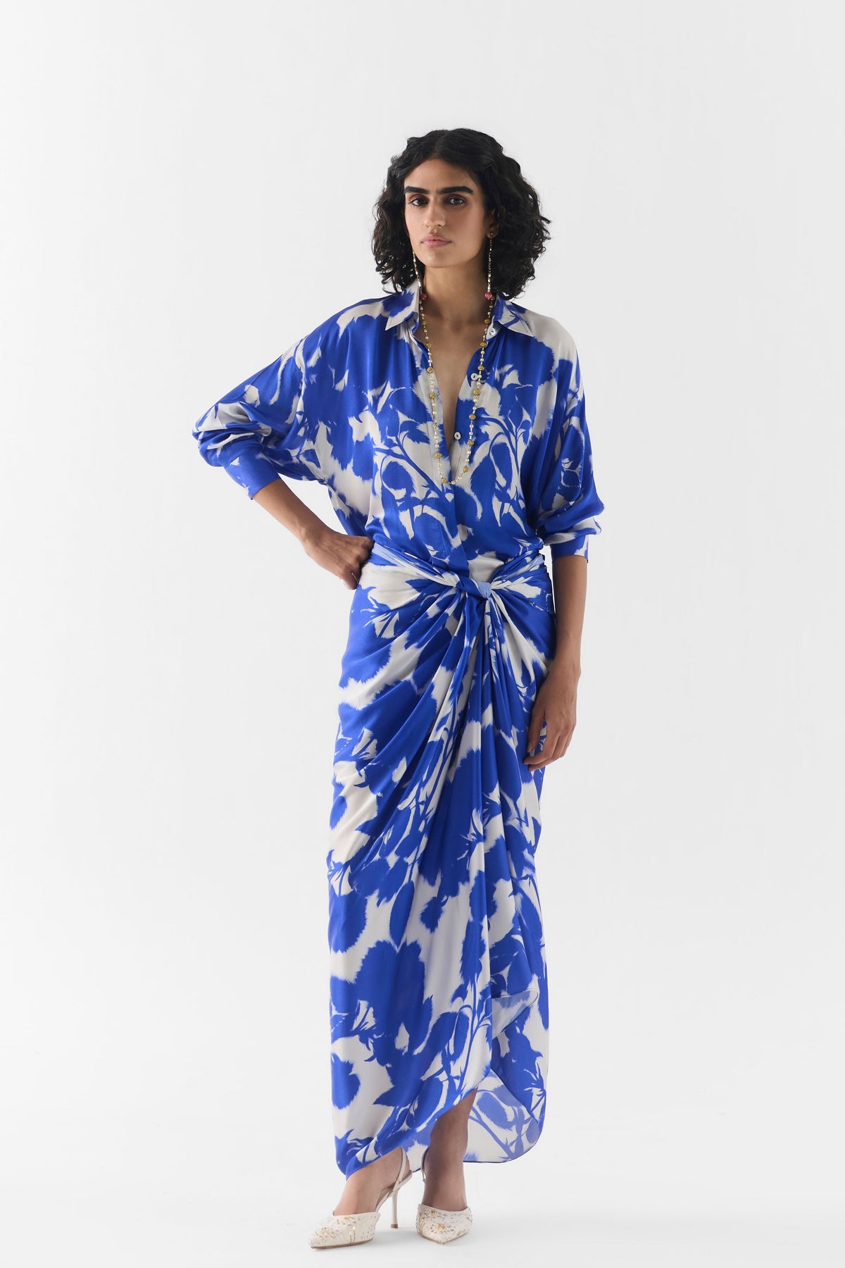 Blue Ink Draped Shirt Dress