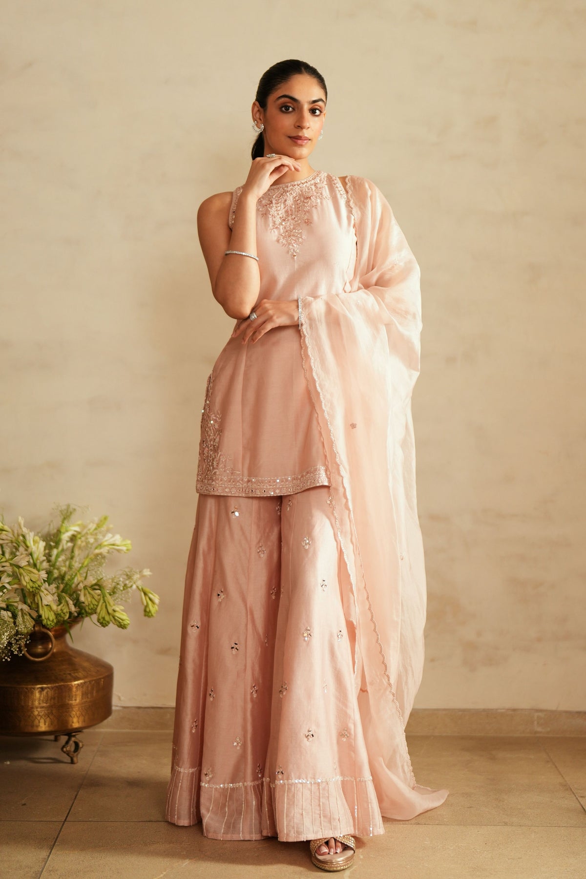 Baby Pink Princess Cut Top Sharara Set