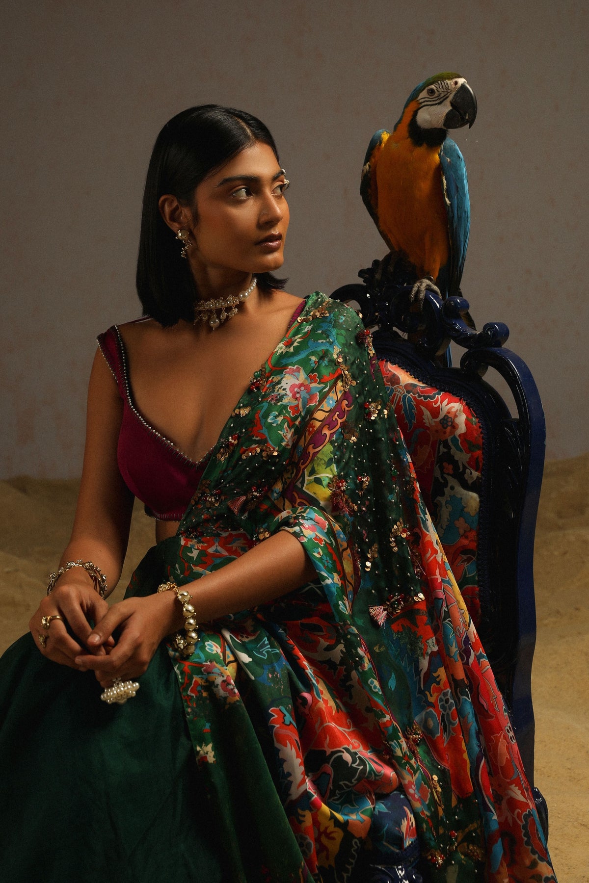 Green Draped Saree With Purple Blouse