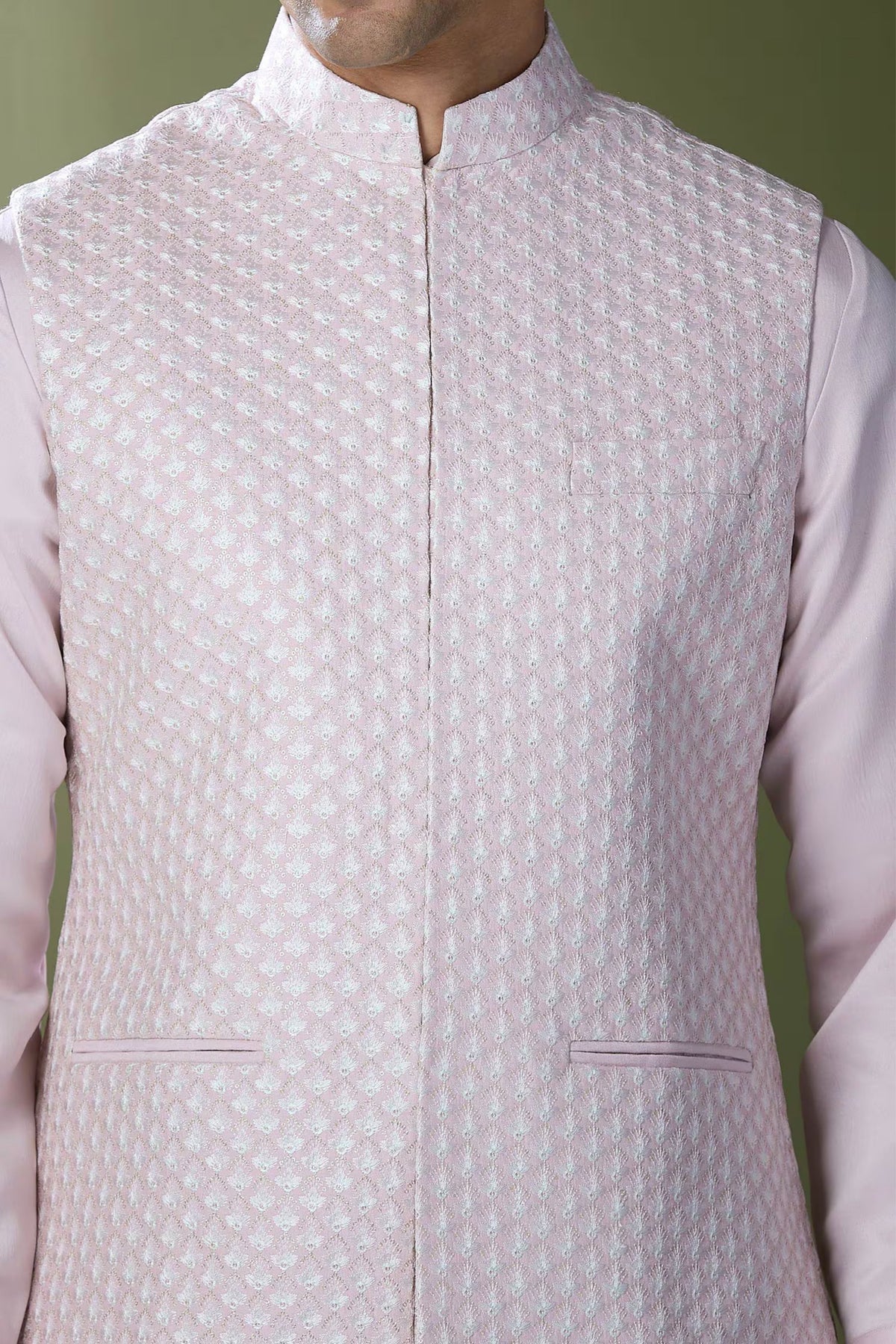 Baby Pink Embroidered Nehru Jacket Set