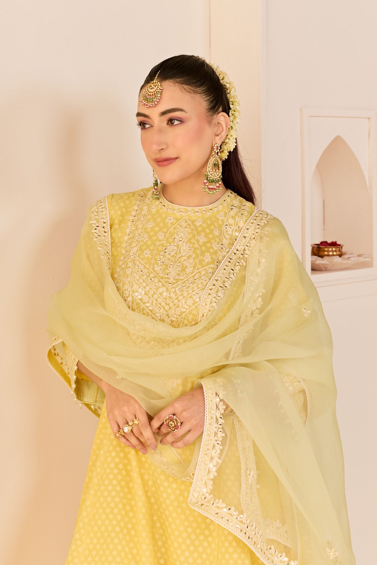 Nida Lemon Yellow Short Choga Set