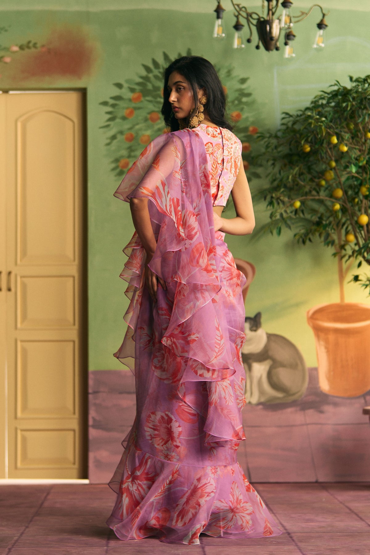 Lavender Ruffle Draped Saree Set