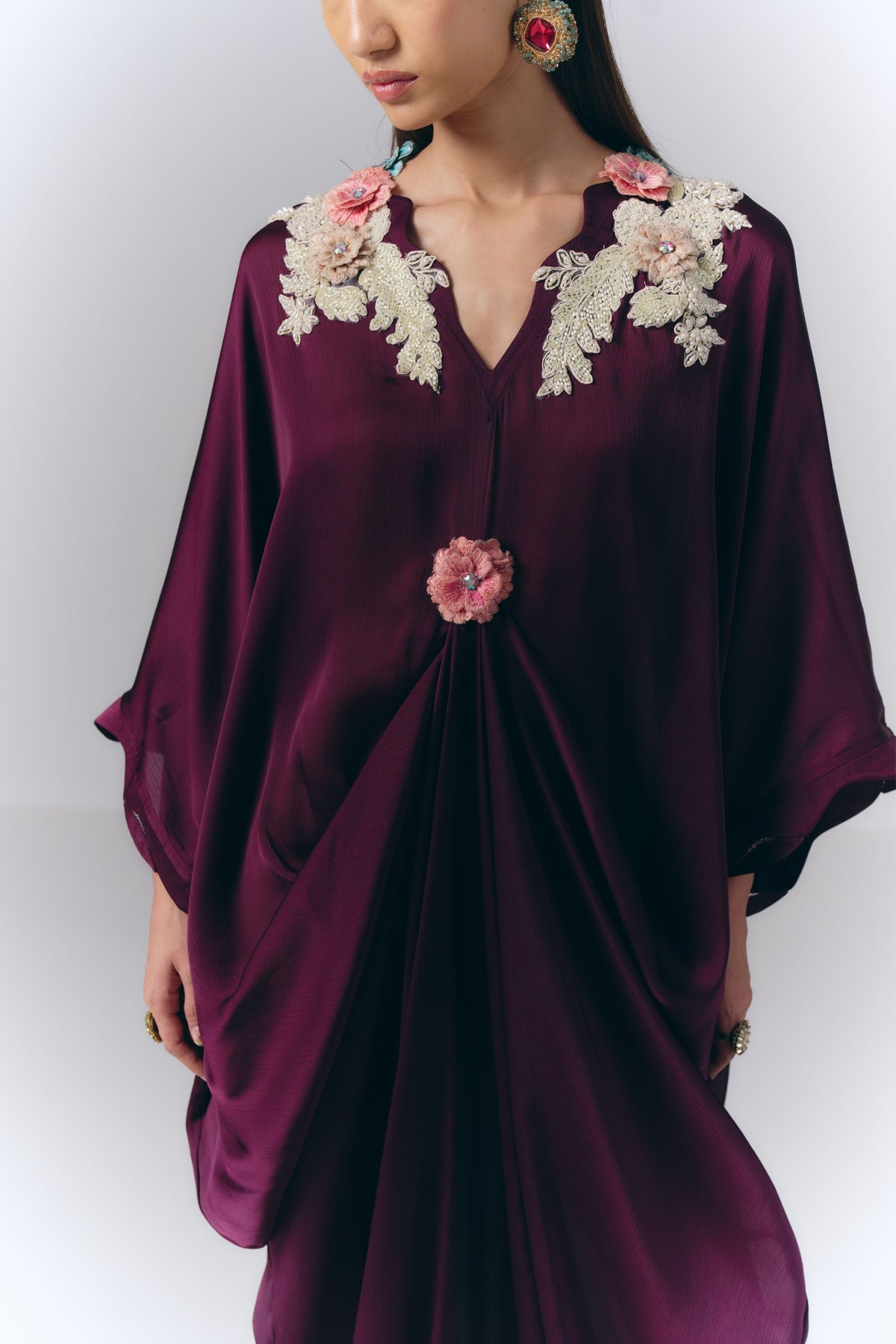 Purple Embroidered Draped Kaftan