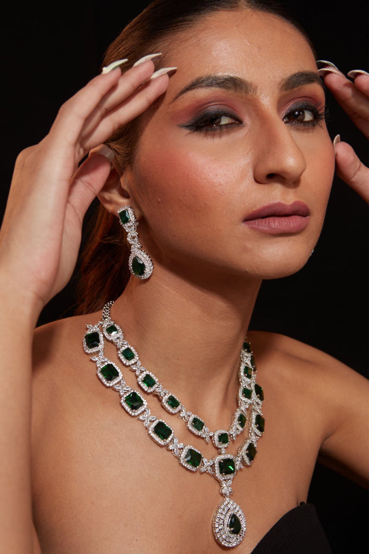 Silver Plated Green Emerald Zircon Necklace Set