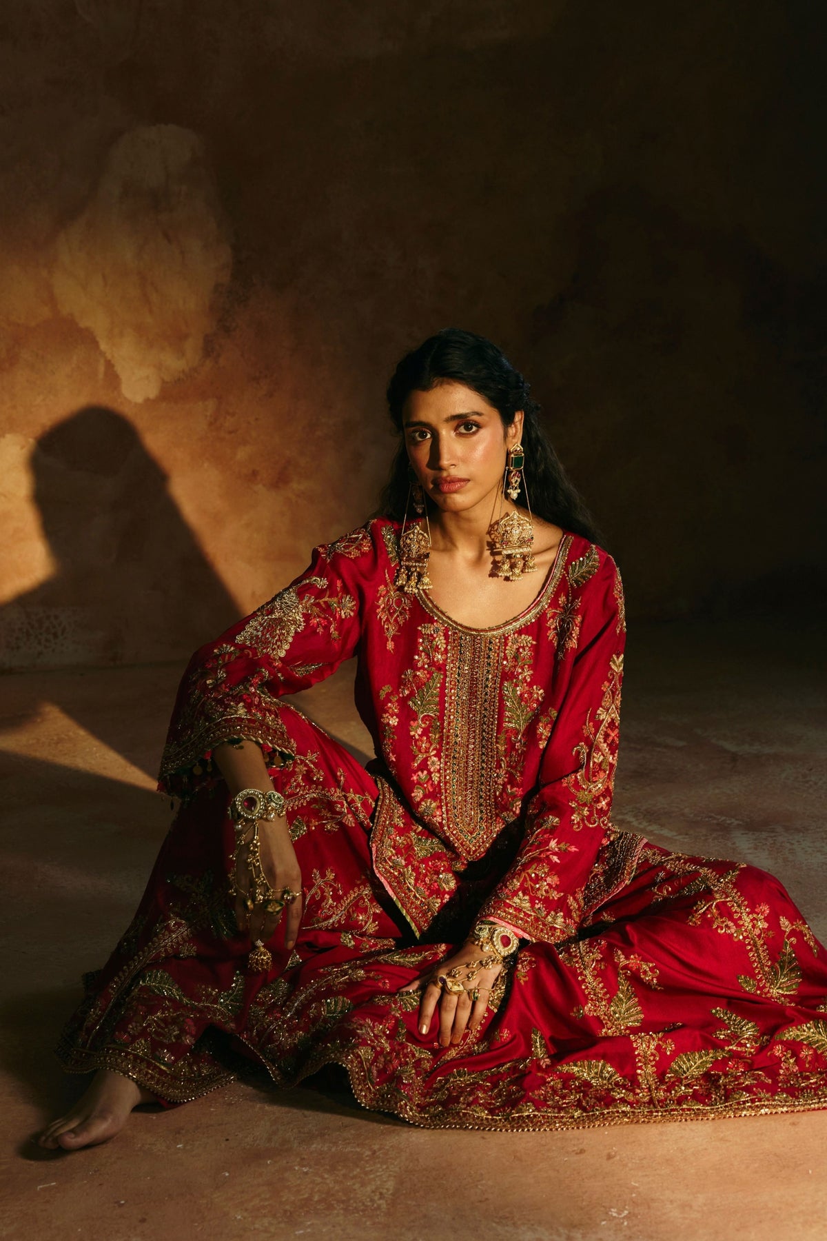 Red Multicoloured Sindh Sharara Set