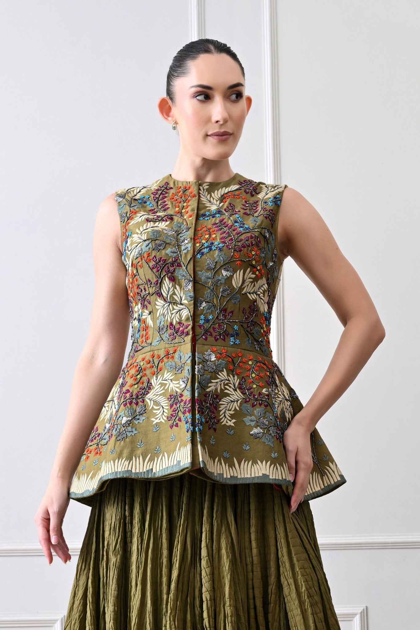 Olive Peplum Skirt Set - Samant Chauhan - Elahe