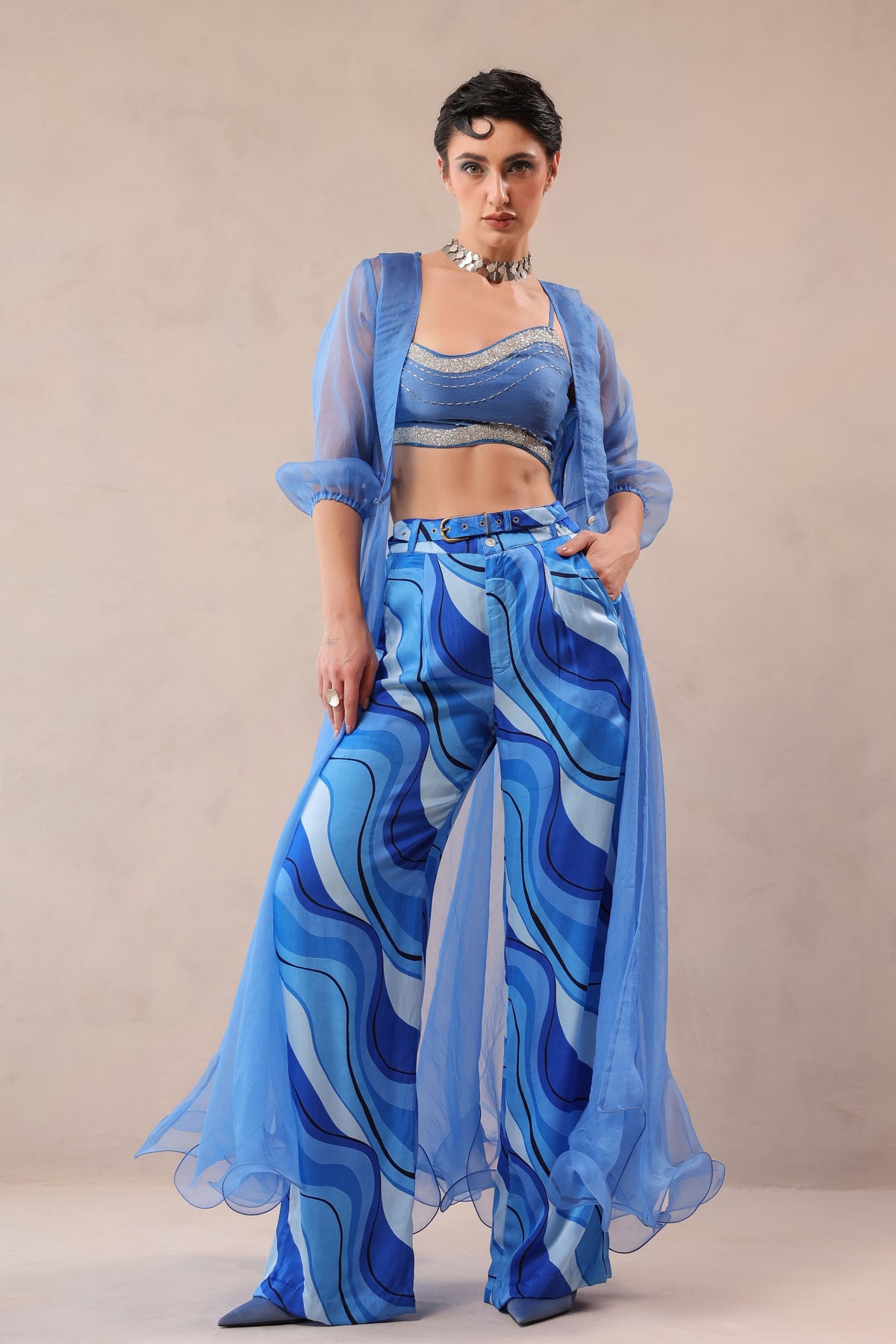Ocean Blue Sheer Jacket Set