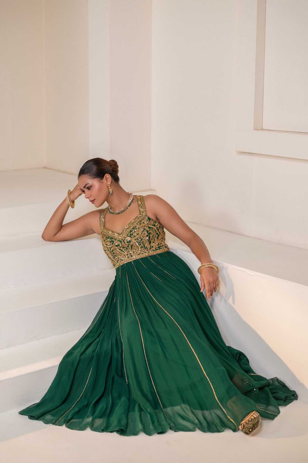 Emerald Green Sleeveless Embellished  Anarkali