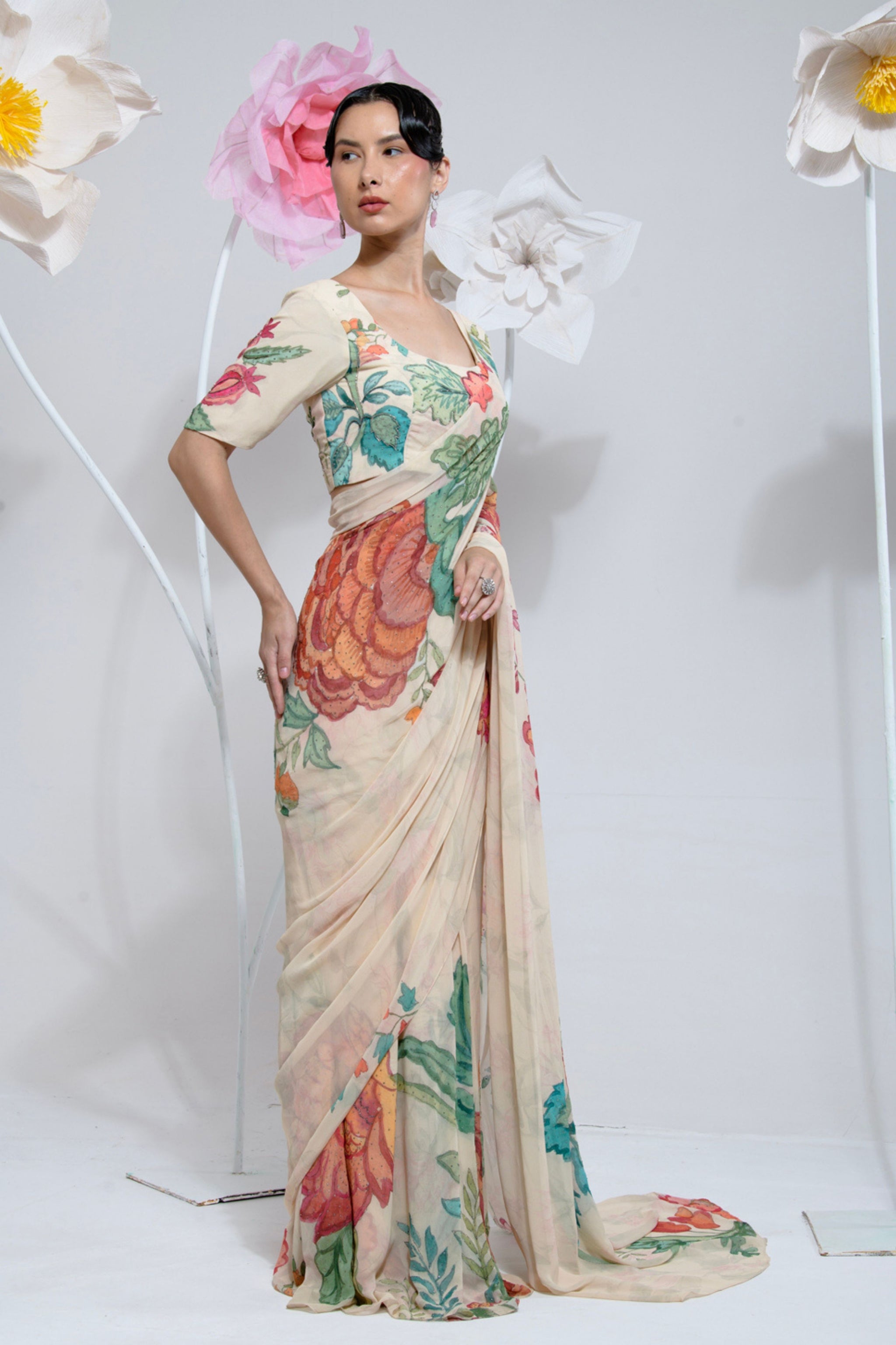 Georget Preeti Mehta - Cream Georget Saree - Elahe