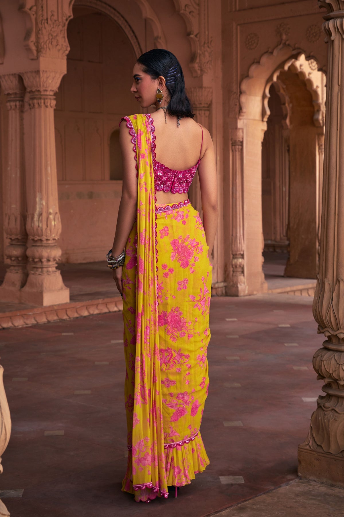 Fuchsia Draped Saree Set
