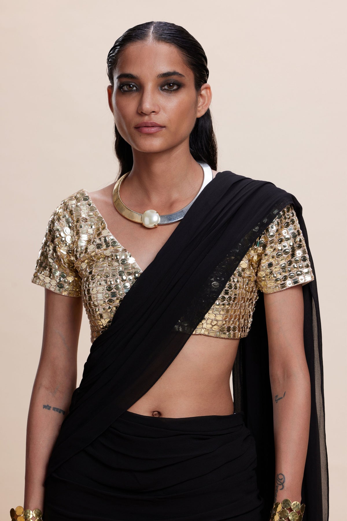 Black Ruffle Draped Saree Set