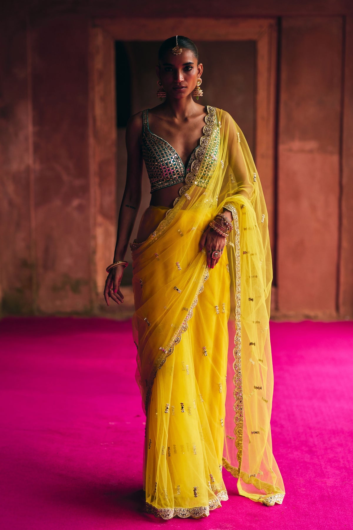 Yellow Net Saree Set