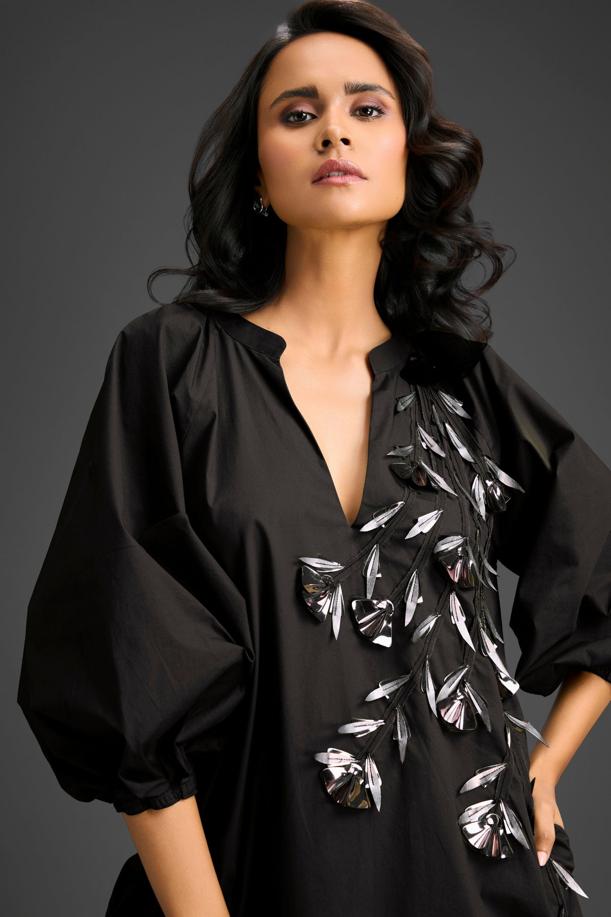 Embroidery Black V-neck Dress