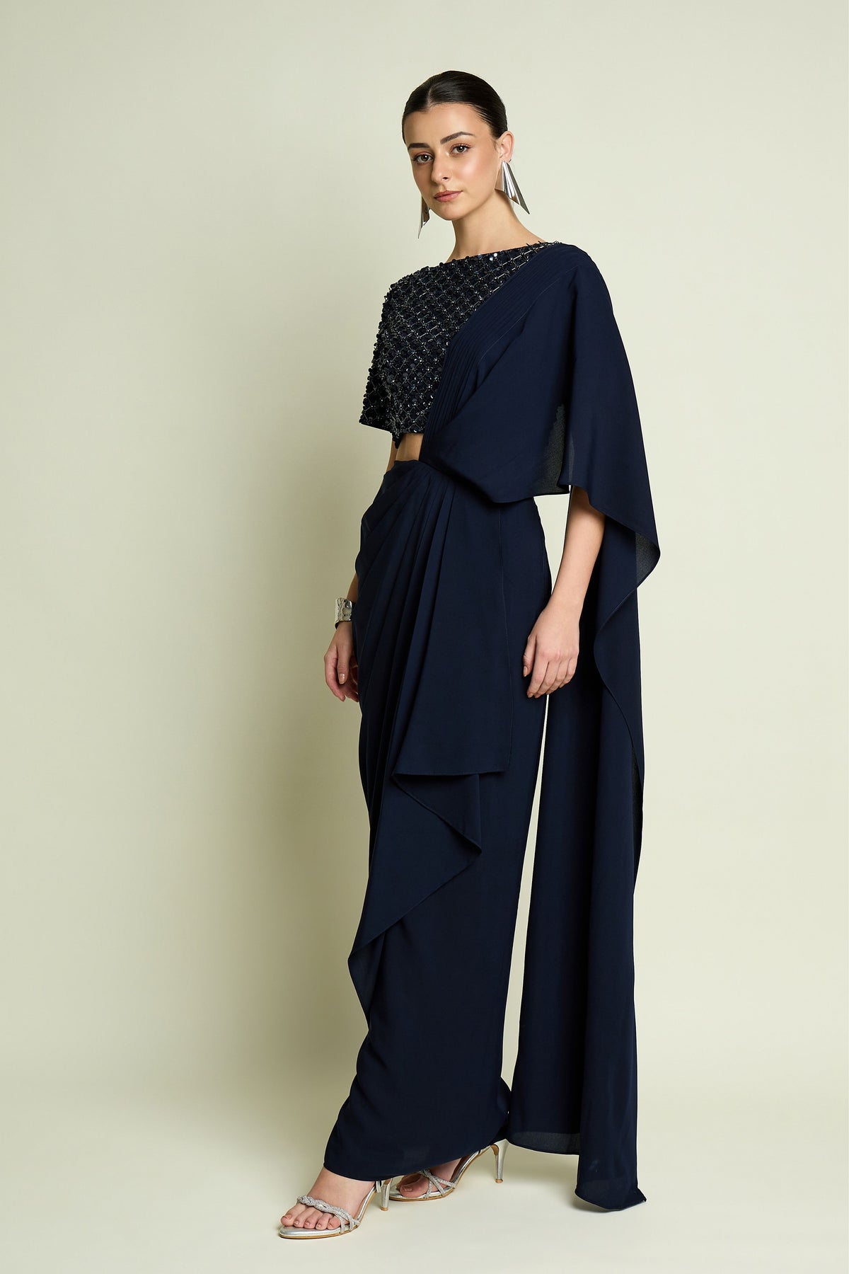 Crystal Navy Draped Saree Set