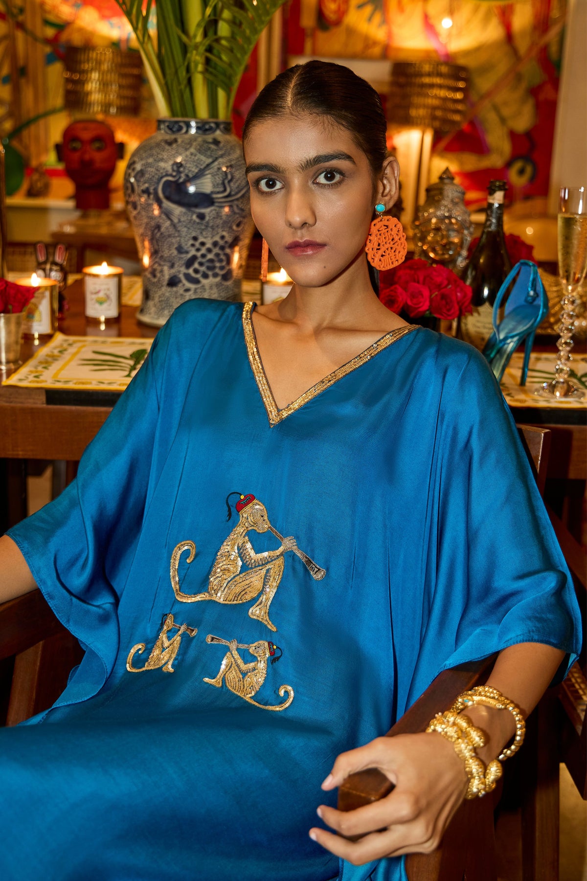 Blue Kaftan With Monkey Motif