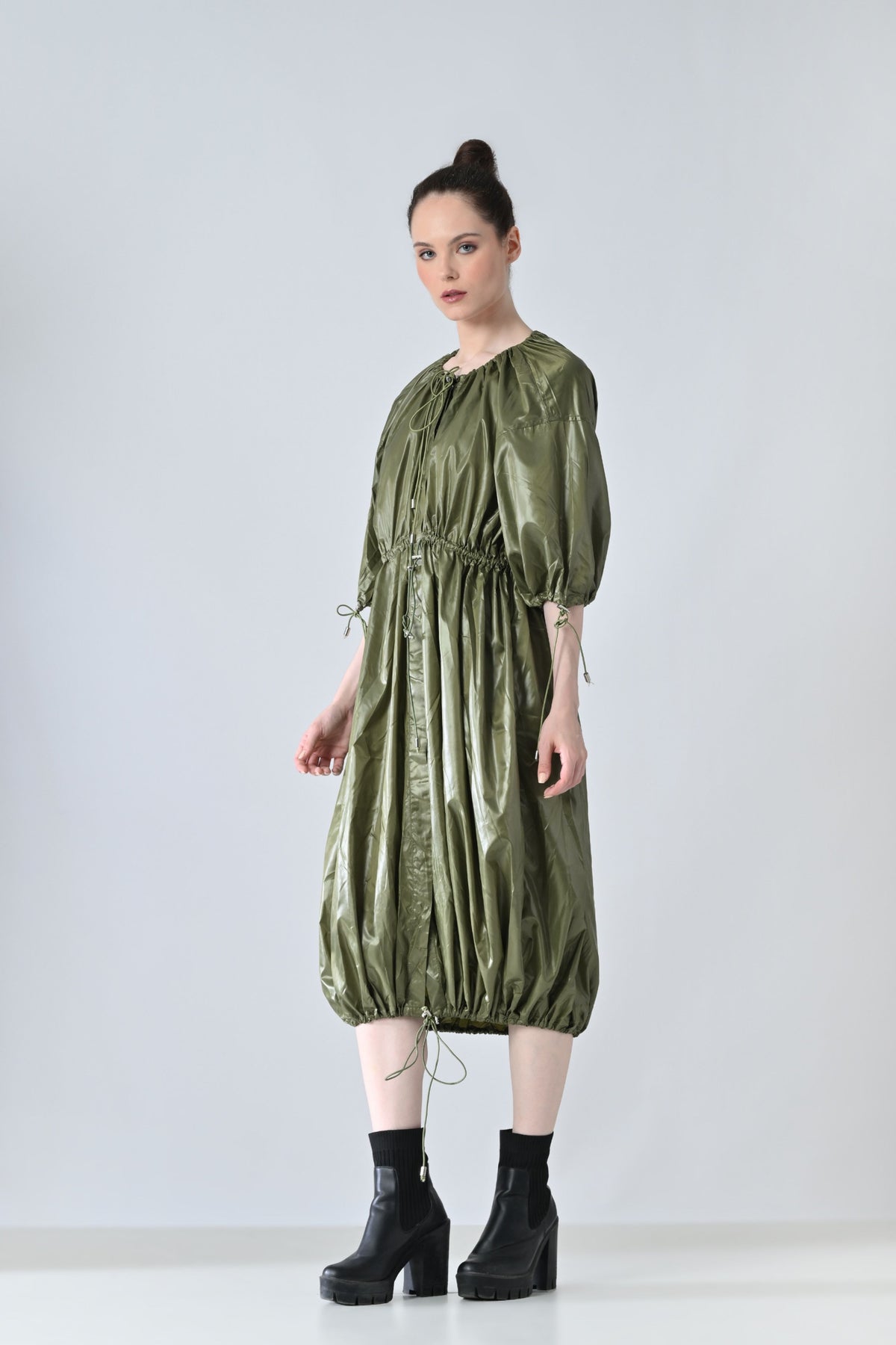 Olive Utility Gathered Ballon Dress