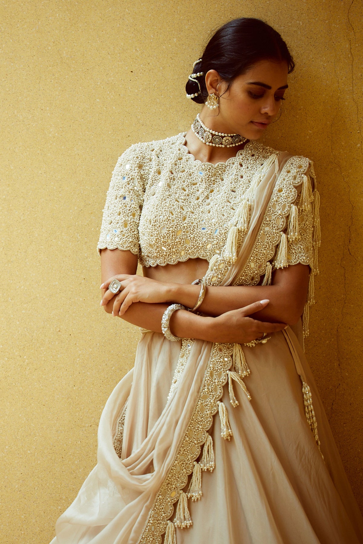 Light Beige Pearl Lehenga Set