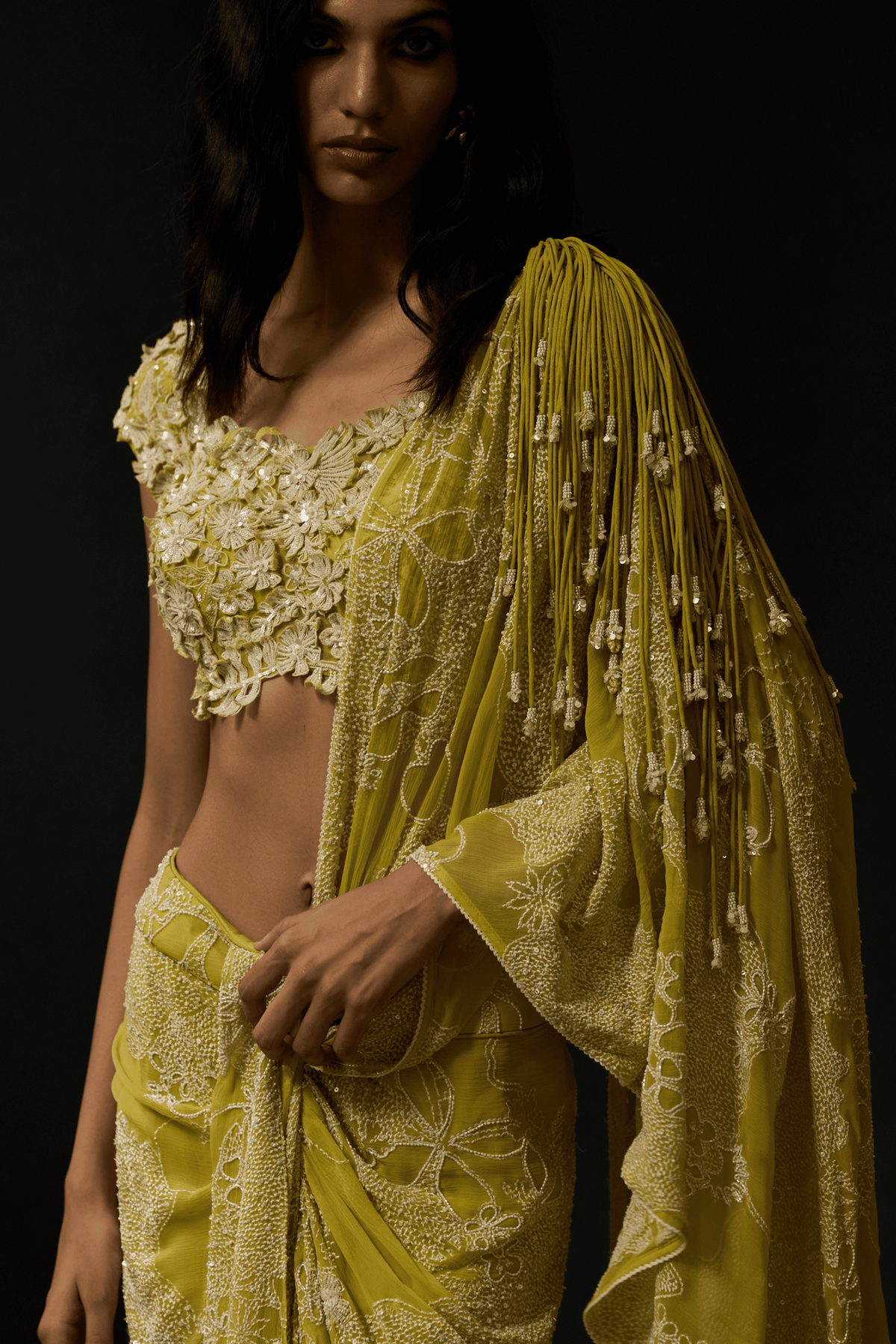 Citrus Dot Botanical Drape Saree